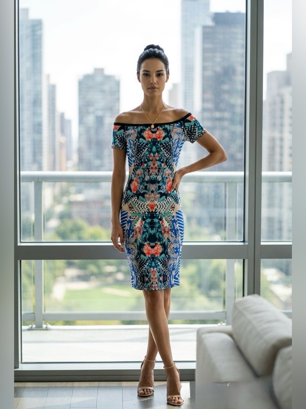 NWT Forever 21 Ted Baker Blue Orange OffShoulder Bodycon Midi Kaleidoscope Dress
